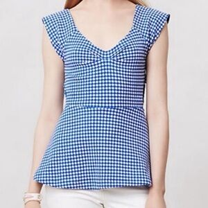 Anthropologie Deletta Blue Gingham Cut Out Peplum Top, Size S